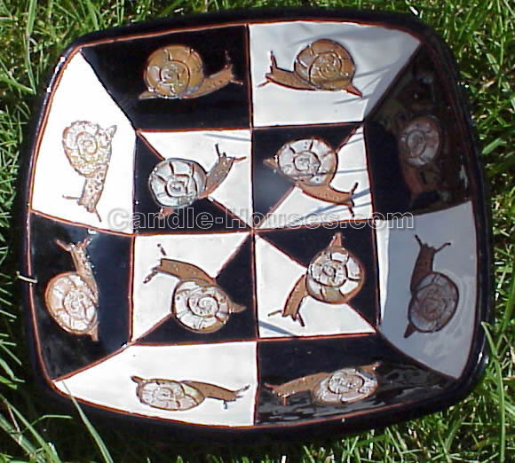 Square plate with snails. Hand made from clay.