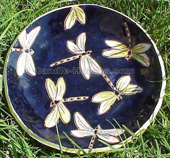 Dark blue clay plate with yellow dragonflies