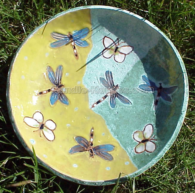 Green and yellow plate with dragonflies and butterflies