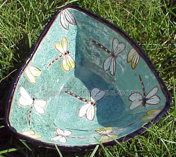 Green triangular clay plate with white dragonflies